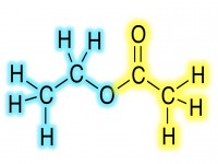 Voorbeeld van een ester ontstaan uit een alcohol (blauw) en een zuur (geel) / Bron: Smokefoot, Wikimedia Commons (CC BY-SA-3.0)